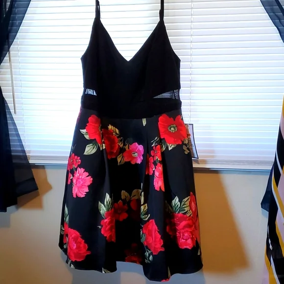 B. Darlin Womens Plus Floral Mesh Cocktail Dress Black 16W